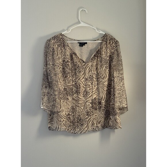 Cynthia Howie Shirt 100% Silk Size 18W 3/4 Sleeves Flutter V Neck Shoulder Pads - Picture 1 of 6